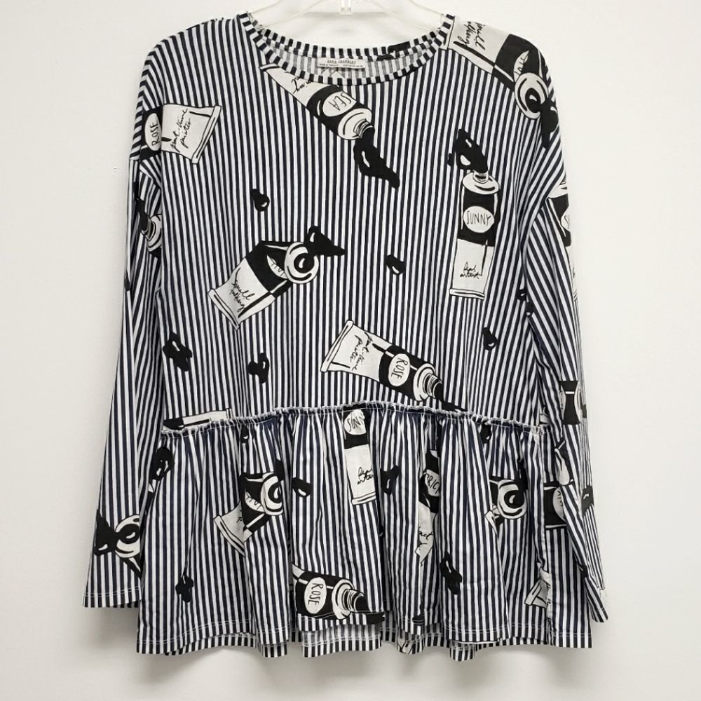 Zara Trafuluc Contrast Paint Tube Print Frill Hem Top